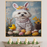 Maltese Dog in Easter Costume, Adorable Spring Art for Dog Lovers, Easter Holiday Gift for Maltese Owners, Dog Wall Art on Canvas Wrap, Framed Print, or Rolled Artwork for Living Room or Bedroom